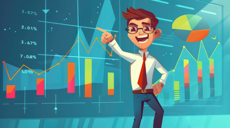 Cartoon businessman character pointing with excitement at a successful financial chart and sales data analysis, illustrating stock market strategy and planning.の素材