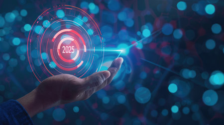 Business strategy concept with a hand holding a target icon and "2025" text against a digital tech background, emphasizing goals and vision for the yearの素材