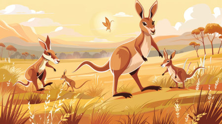 A cartoon kangaroo family hopping through the Australian outback.の素材