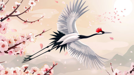 A cartoon red-crowned crane flying over cherry blossoms, representing Japan.の素材