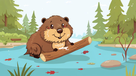 A cartoon beaver building a dam, representing Canada.の素材