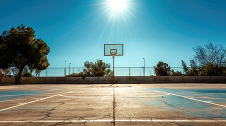 An empty outdoor basketball court under a clear blue sky, the sun shining brightly on the hoops and court lines, emphasizing solitude and tranquility.の素材