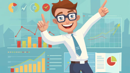 Happy cartoon businessman pointing confidently at financial chart and sales data analysis, symbolizing effective business strategy and growth in the stock market.の素材