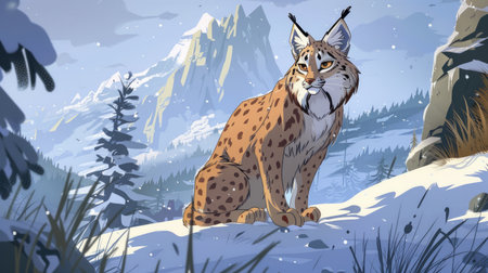 A cartoon lynx in the snowy wilderness, representing Russia.の素材