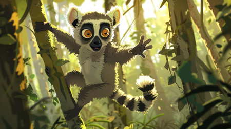 A cartoon lemur swinging through Madagascar forests.の素材