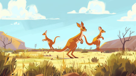 A cartoon kangaroo family hopping through the Australian outback.の素材