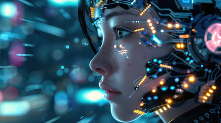 Portrait of a cybernetically enhanced woman with metallic implants and glowing circuits, embodying the blend of human and machine in a futuristic setting.の素材