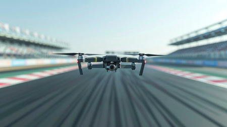 Drone hovering over an empty race track, symbolizing the technology and skill of drone racing sports.の素材