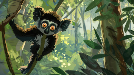 A cartoon lemur swinging through Madagascar forests.の素材