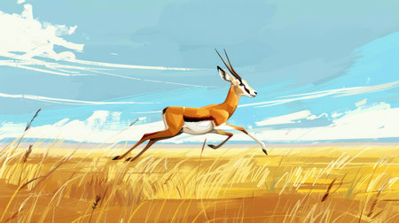 A cartoon springbok jumping through the savanna, symbolizing South Africa.の素材