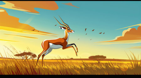 A cartoon springbok jumping through the savanna, symbolizing South Africa.の素材