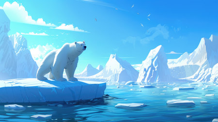 A cartoon polar bear on an ice floe, representing Greenland.の素材