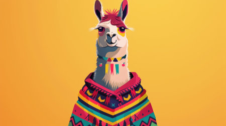 A cartoon llama in a colorful poncho, representing Bolivia.の素材