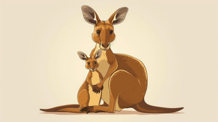 A cartoon kangaroo with a baby joey in its pouch, representing Australia.の素材