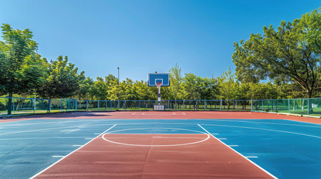 Outdoor basketball court with no one playing on a clear day, featuring bright court lines and a clear sky, showcasing the serene setting.の素材
