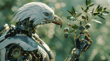 A bald eagle robot holding an olive branch, representing the USA, in a holographic settingの素材