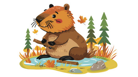 A cartoon beaver building a dam, representing Canada.の素材