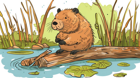 A cartoon beaver building a dam, representing Canada.の素材