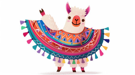 A cartoon llama in a colorful poncho, representing Bolivia.の素材