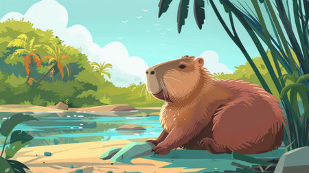 A cartoon capybara lounging by a river, representing Brazil.の素材