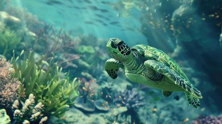 A green turtle robot swimming in a virtual Great Barrier Reef, representing Australia, ready for action.の素材