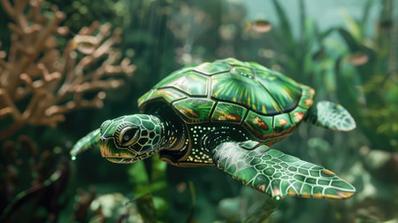A green turtle robot swimming in a virtual Great Barrier Reef, representing Australia, ready for action.の素材