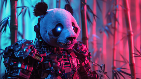 A high-tech panda robot ready to fight, symbolizing China, with neon bamboo forest backdrop.の素材