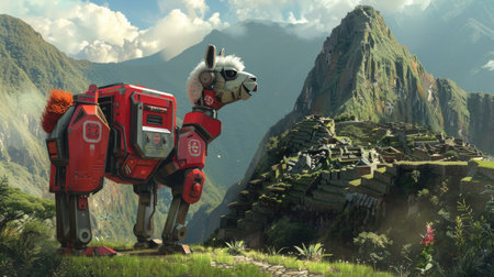 An alpaca robot with cyber wool, symbolizing Peru, ready for battle in a futuristic Machu Picchu.の素材