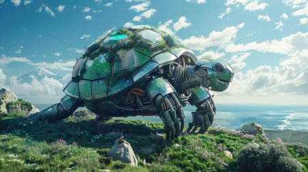 A Galpagos tortoise robot with armored shell, symbolizing Ecuador, on a futuristic island.の素材