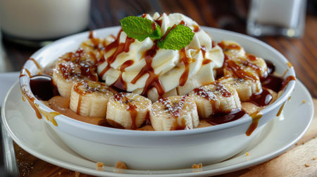 A bowl of British banoffee pie with bananas and caramel on a white plate.の素材