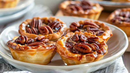 A bowl of Canadian butter tarts with pecans on a white plate.の素材