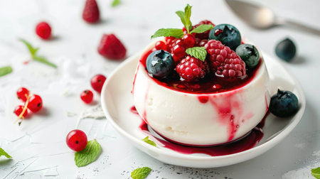 A bowl of Italian panna cotta with berry sauce on a white background.の素材
