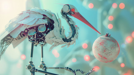 A stork robot delivering a cyber baby, representing Denmark, in a digital landscape.の素材