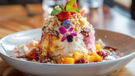 A dish of Filipino halo-halo with various ingredients on a white plate.の素材
