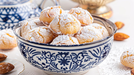 A bowl of Moroccan almond ghriba cookies with powdered sugar on a white background.の素材