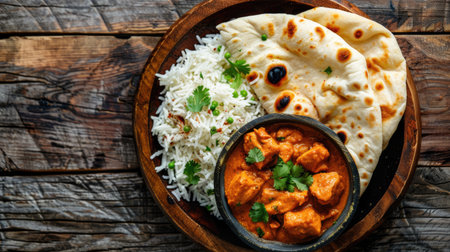 A platter of Indian chicken tikka masala with naan bread and rice, served on a rustic wooden table.の素材