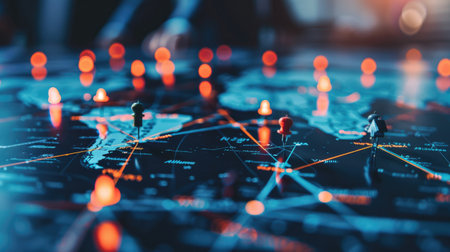 Business executives strategize around a digital supply chain map, focusing on pins representing foreign suppliers, symbolizing streamlined global trade and distribution efficiency.の素材