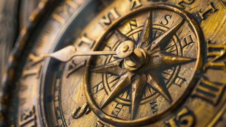 Close-up of a wall clock featuring a compass design, symbolizing the navigation of time.の素材