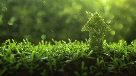 Arrow emerging from the ground symbolizing ecological development and sustainable growth, with a backdrop of fresh green grass enhancing the natural theme of environmental awareness.の素材