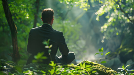 Businessman in deep contemplation amidst the beauty of a green forest, illustrating dedication to sustainable business ideals and fostering ecological awareness.の素材