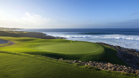 A picturesque golf course by the ocean, with waves crashing in the distance and a clear horizon.の素材
