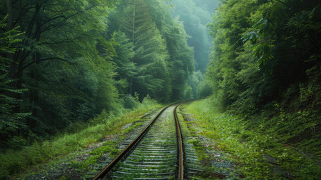 Serene view of railway lines cutting through a verdant forest, with towering trees and foliage creating a tranquil and scenic journeyの素材