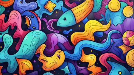 Whimsical hand-drawn cartoon background with creative elements and vibrant colors, perfect for engaging visualsの素材