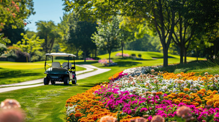 Golf cart driving along a path lined with colorful flowers, showcasing the beauty of a well-maintained golf course on a sunny summer dayの素材