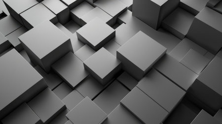 A modern abstract background with 3D cubes and shadows in a monochromatic palette.の素材