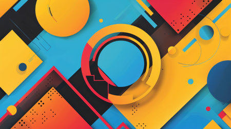 An abstract background with geometric shapes in bright, contrasting colors.の素材