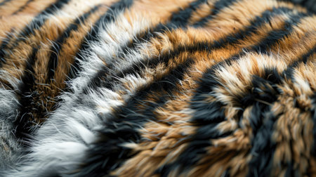 Close-up view of tiger's coat, highlighting the unique fur patterns and colors, ideal for animal enthusiasts and backgroundsの素材
