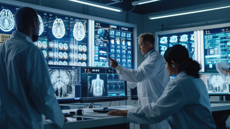 A team of doctors engages with AI-powered virtual screens, conducting groundbreaking medical research and analysisの素材