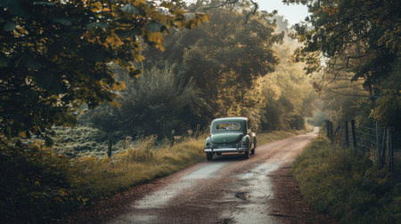 A quiet country road with a vintage car.の素材