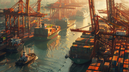 A cargo ship loaded with containers at a bustling port.の素材